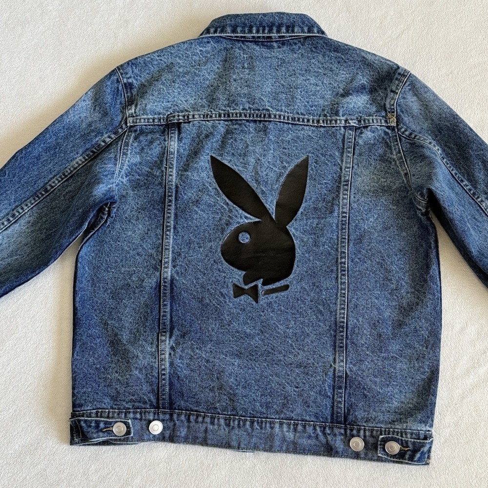 Playboy PacSun Denim Jacket Womens Medium Y2K Bunny Logo Back Trucker